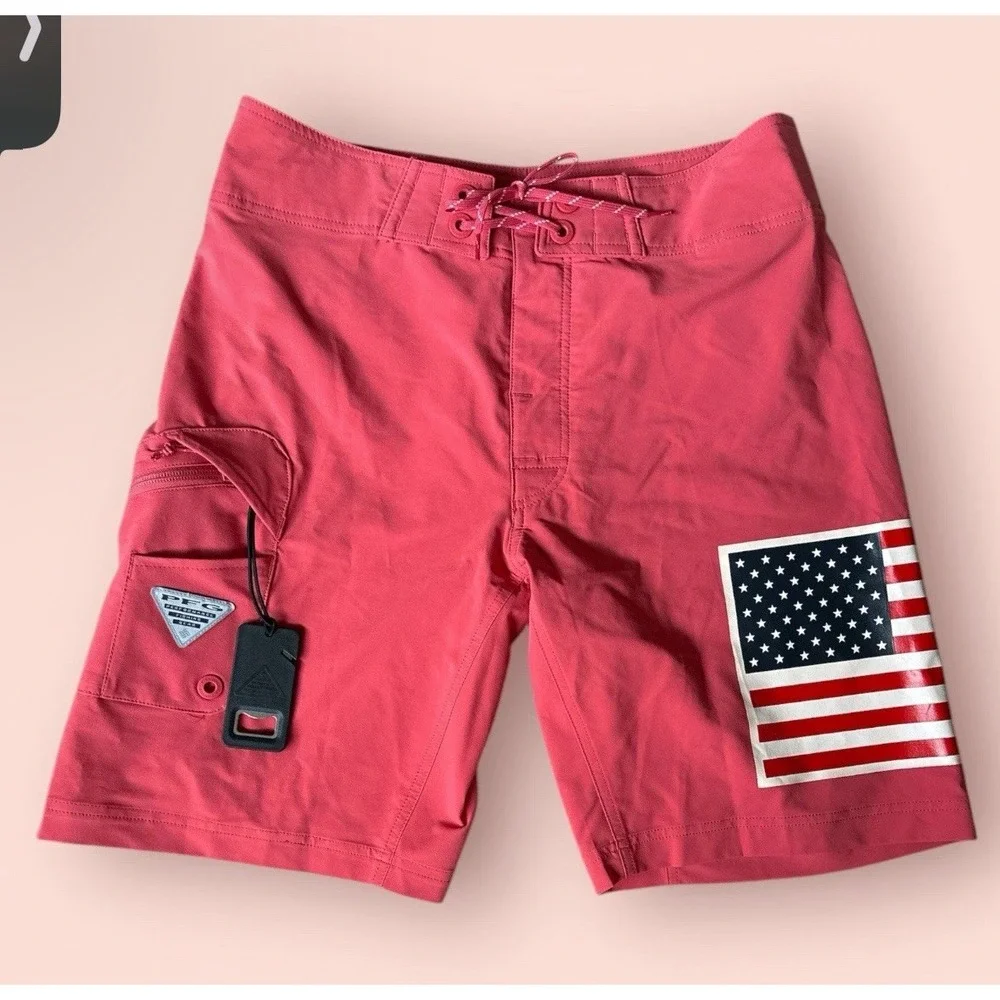 Columbia PFG Fish Series USA Flag Board Shorts Sz 36 Red Omni-Wick Bottle Opener